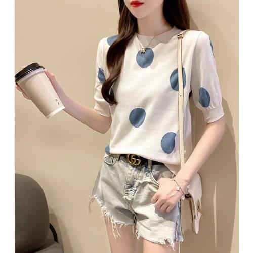 Women Black Short Sleeve Tshirt 2021 Summer Polka Dot Printed Casual T-shirt Tee Streetwear Ice Silk Elegant Tops for Women