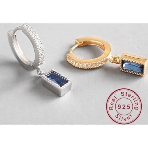 Luxury Delicate 925 sterling silver earrings for women micro blue AAAA zircon square eardrop ear clip gold Girls Fashion gifts