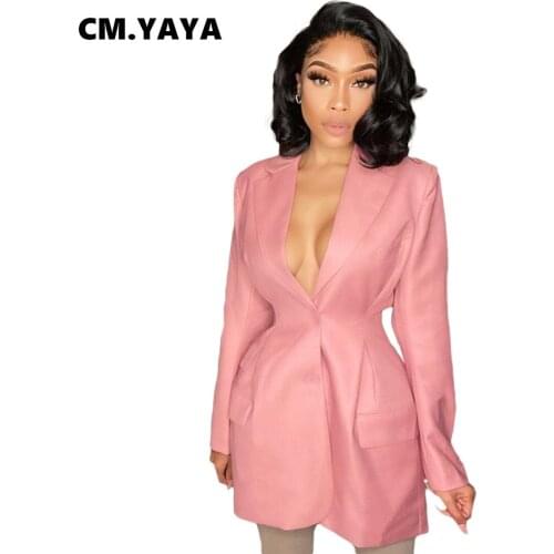 CM.YAYA Women Blazers Solid Slim Long Coats Office Lady Fashion Outerwear with Pockets Vintage Stylish Tops Autumn Streetwear