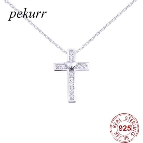 Pekurr 925 Sterling Silver Heart Zircon Templar Cross Necklaces For Women Long Chains Collar Pendants Trinket Jewelry Gift