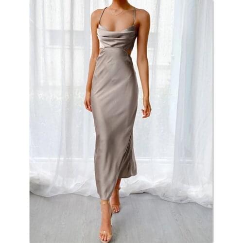 Women Vintage Backless Sation Sheath Dress Sleeveless Sexy V neck High Street Elegant Casual Long Dress 2021 Summer N ew Dress
