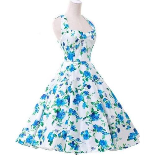 Women Retro Dress 50s 60s Vintage Rockabilly Swing Robes Floral Polka Dot Print Summer Sleeveless Halter Sundress Dresses Femme