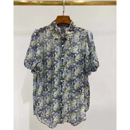 100% Silk Women Blouse 2021 Runway Fashion Summer Shirt Flower Print Single Breasted Elegant High Quality Blouse