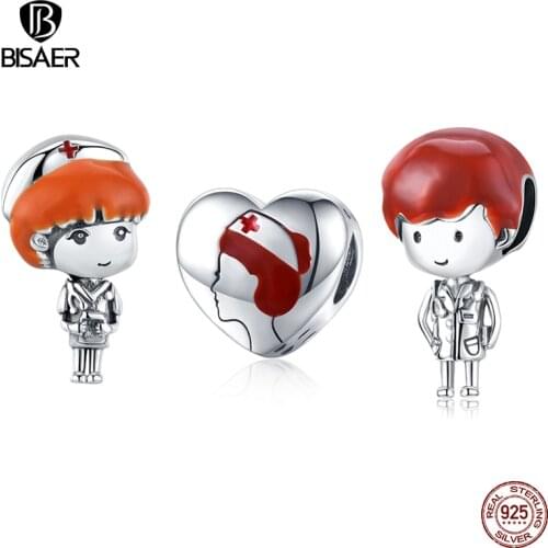 BISAER Female Nurse Charms 925 Sterling Silver Women Doctors Enamel Bead Pendant For Bracelets Necklace Jewelry ECC1548