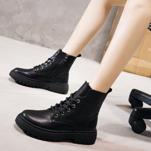 Genuine Leather Ankle Boots Women Autumn Winter Round Toe Lace Up Shoes Woman Zipper Fashion Motorcycle Platform Botas Black
