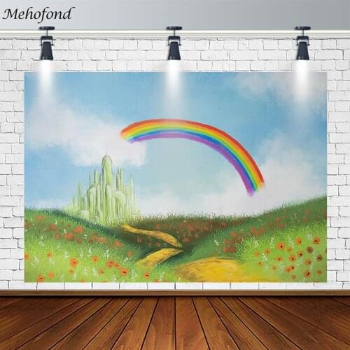 Mehofond Girl Birthday Party Backdrop Grassland Cloud Rainbow Decor Photography Background Props Photo Studio Banner Photozone