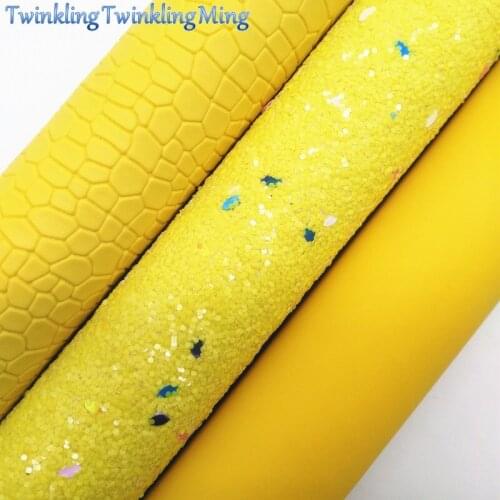 YELLOW Glitter Fabric, Smooth Faux Leather Fabric, Crocodile Synthetic Leather For Bows A4 8"x11" Twinkling Ming XM183