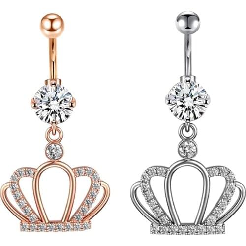 JUNLOWPY Stainless Steel Crown Dangle Belly Button Rings Navel Stud Body Jewelry Piercing Pandent Zircon Wholesales Factory Sale