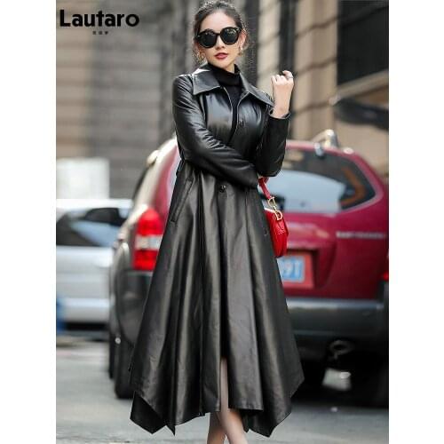 Lautaro Autumn Long Black Skirted Soft Faux Leather Coat Women Sashes Runway Elegant Luxury Stylish Swing Fashion 2021 Swing