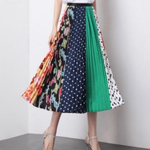 Summer Women Pleated Skirts 2020 New Print Cartoon Pattern High Elastic Women Midi Skirt Big Swing Party Holiday High Street