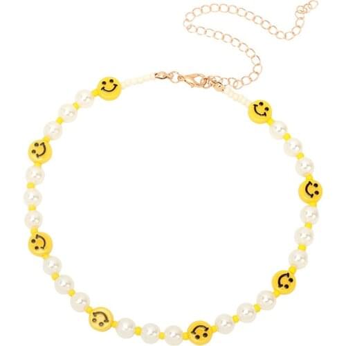 Fashion Smile Face Pearls chain Choker Necklace for Women Girls Beaded Neck Chain Choker Collar Korean Fashion Female Collier