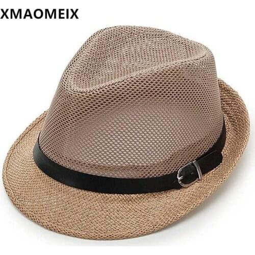 XMAOMEIX Summer Mens Panama Hat Fedora Hollow Mesh Breathable Straw Hat Simple Trend Jazz Hat Ventilated Travel Cap Fishing Cap