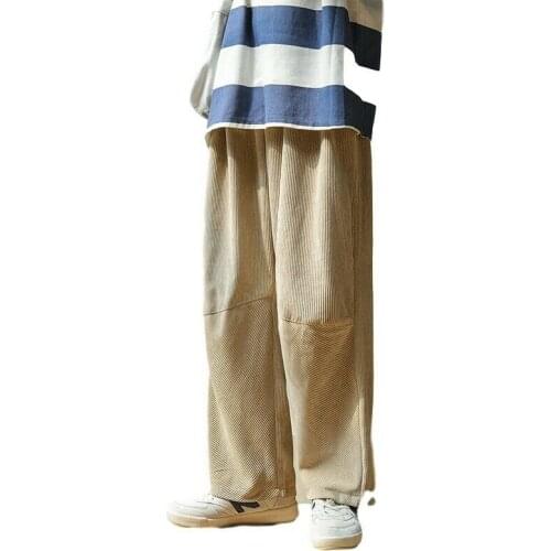 Mens Corduroy Wide Leg Pants Straight Trousers Outside Loose Drawstring
