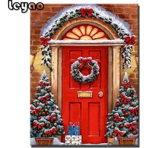 Christmas Door Full Square Drill Diamond Painting Cross Stitch Kits Diamond Embroidery Landscape Mosaic Art Christmas Home Decor