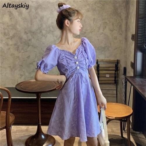 Solid Dresses Women Beading Ruched Korean Style Chic Trendy Slim Elegant Ulzzang College Students Popular Vestido Feminino Ins