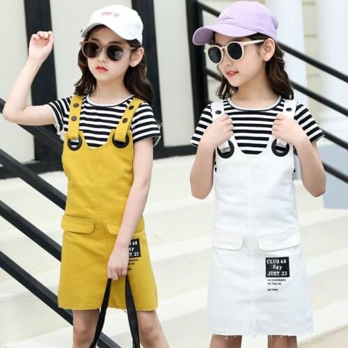 Girls dress summer short suspender trouser+shirt 2pcs/set baby girls clothes sets fashionable kids jeans shorts 3-13T kids pant