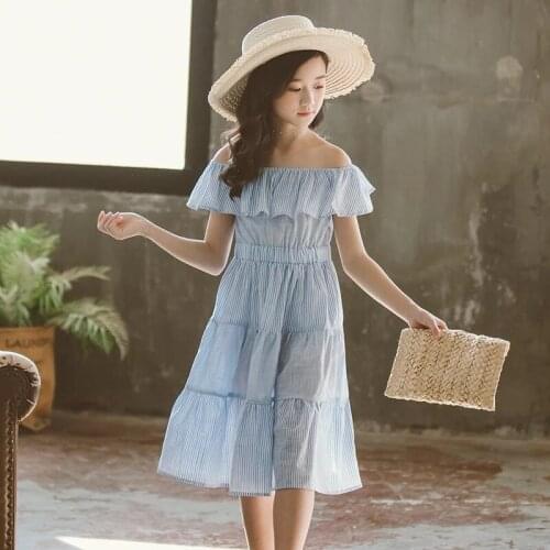 2021 Teen Girls Dress Summer Blue Striped Kids Dresses for Girl Clothes Holiday Beach Children Dress 4 6 8 10 12 14 Years