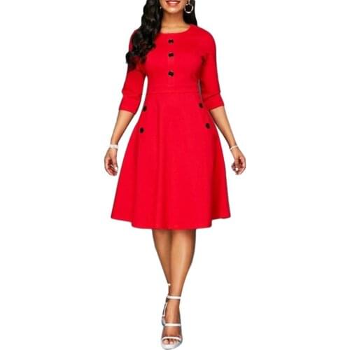 Hot apparel Women Dress Fashion Solid Color Round Neck Buttons-Three Quarter Sleeve A-line Dress Quarter Sleeve Dress Women