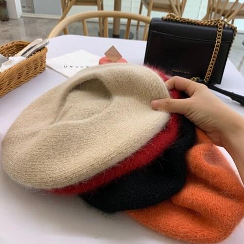 [Rancyword] French Style Solid Casual Vintage Womens Hat Beret Plain Cap Girls Angora rabbit Solid Color Warm Winter Berets