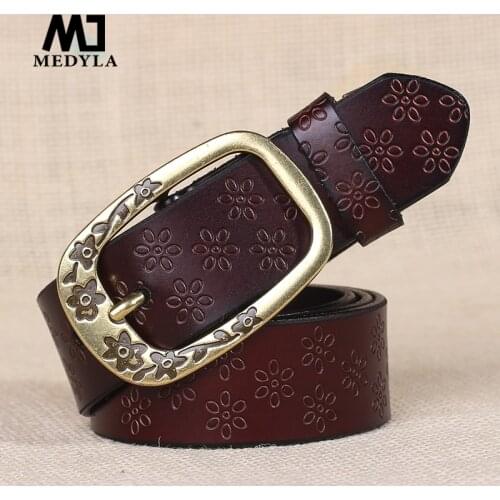MEDYLA Women Belt Plum Carving Genuine Leather 3.2cm Wide Jeans Belts For Women Retro Fashion Design Waist Decoration L23