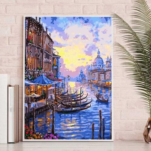 ROYALDREAM Water City Dusk Landscape DIY Digital Oil Painting By Numbers Europe Abstract Canvas Painting For Living Room