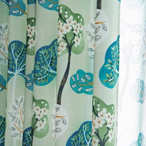 Blue Printed Wishing Tree Curtains American Country Printing Curtains for Living Dining Room Bedroom
