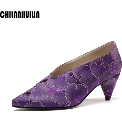 Retro high heels embroidered satin womens pumps shoes woman spike heels party office shoes casual pointed toe dress sexy pumps