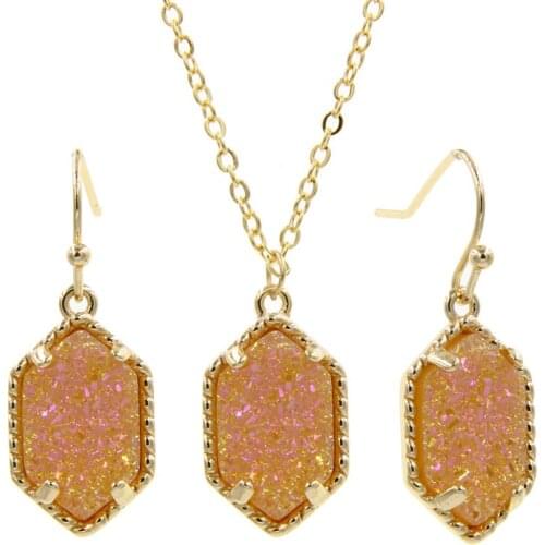 YJX Genuine Gold Color Hot Mini Iridescent Drusy Pendant Necklace With Drop Earrings Boutique Jewelry Sets