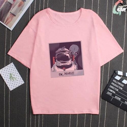 Summer New Harajuku Alien T Shirt O-neck Punk Aesthetics Pink Tshirt Extraterrestrial Print Casual Sleeve Streetwear Women Top