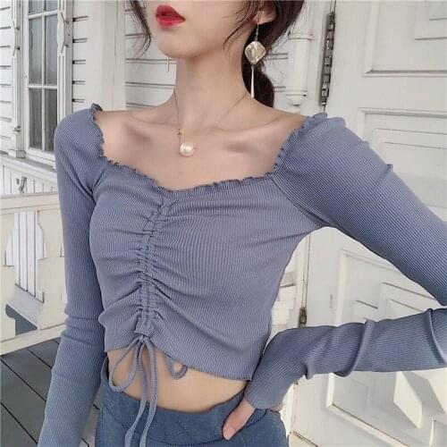 2021 Women Slim Full Sleeve Ruffled Slash Neck Cropped Tee Shirts Lady Stretchy Draw String Crop Tops T-shirts For Girls