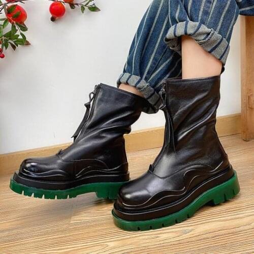 Winter 2020 Green Genuine Leather Warm Shoes Women Boots Wedges Zip Warm Mixed Colors Plush Handmade Casual Ankle Women Shoes