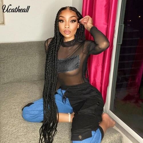 New Womens Long Sleeve Sexy Mesh Body Top Denim Splicing Punk Club Streetwear Bodysuit Perspective Long Sleeve Club Jumpsuit