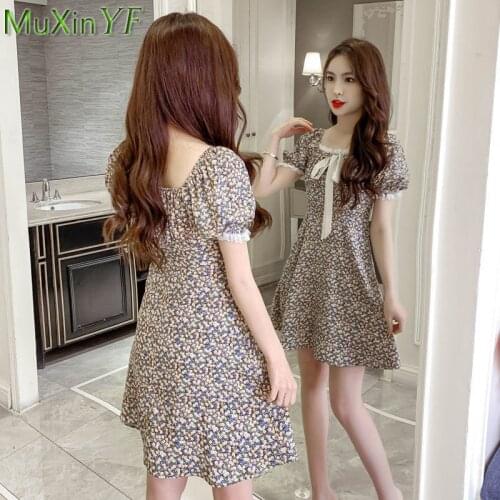 French Floral Dress Women Summer 2021 New Plus Size Slim Bow Knot Temperament Puff Sleeve Midi Skirt Ladies Casual Light Dresses