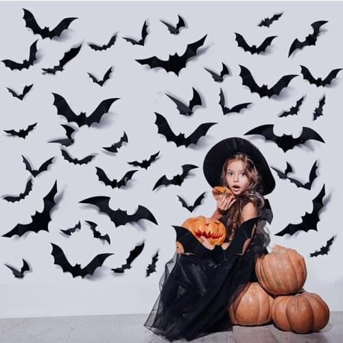 12/24pcs Halloween Black Red Bat Wall Sticker 3D Bat Sticker For Halloween Ghost House Decoration Wall Window Decor DIY Sticker