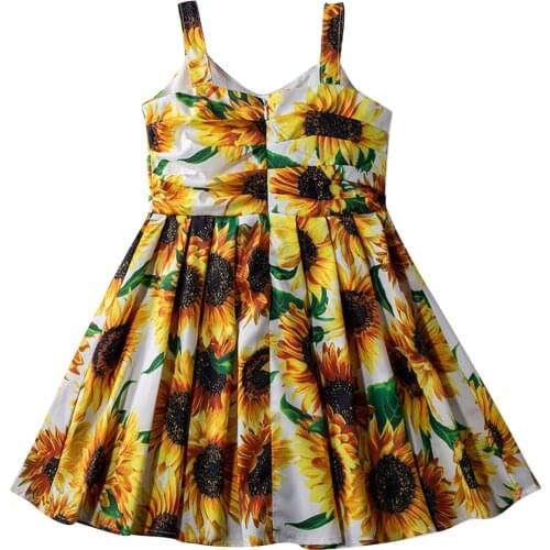 2021 Kids Girls Fashion Sleeveless Sunflower Print Dress Stylish Dress for Children Girls