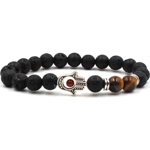 8mm rhgh4 Hand Eye silver ball black stone volcanic lava nature black stone yellow Tigereye Bracelet Reiki Chakra Fashion