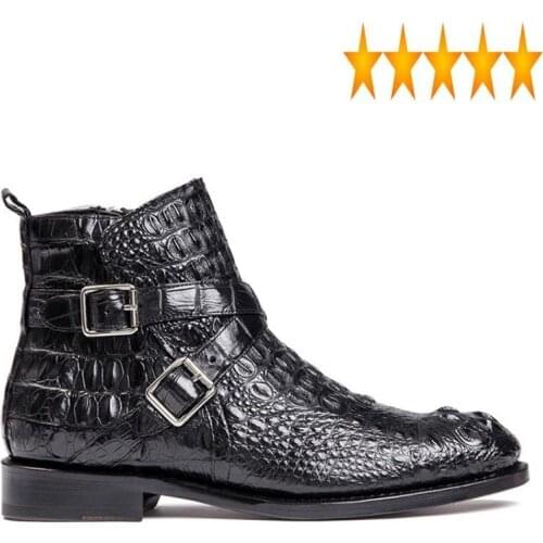 Brand Crocodile Shoes Luxury Men Autumn Zip Flat Ankle British Style Black Office Genuine Leather High-Top Boots