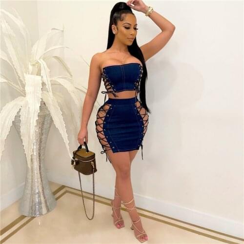 CHRONSTYLE Sexy Denim Strapless Tube Crop Tops Bandage Lace Up Hollow Criss-Cross Short Mini Skirts 2 Piece Set Clubwear Outfits