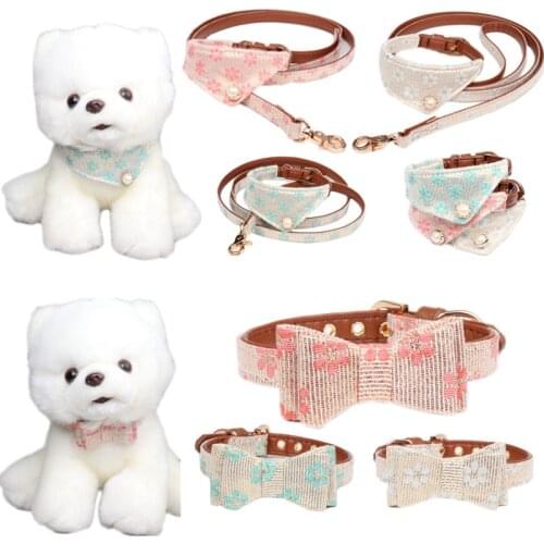 Floral Dog Collar Pet Cat Bandana Bib leash Rope Scarf PU Leather Print Fabric Collier Chain Neck Strap Small Teddy Pug Fashion
