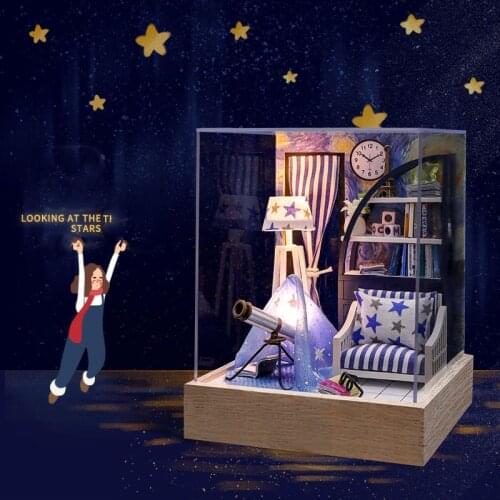 DIY Wooden Doll House Kit Starry Room Miniature with Furniture Light Dollhouse Roombox Assembled Toys for Children Girls Gifts