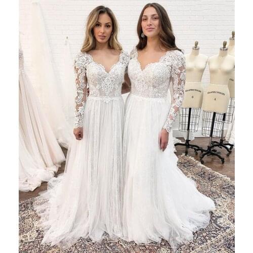 Elegant Long Sleeve V-Neck Wedding Dress 2021 With Corset Low Back Floor length White Tulle Organza Lace Appliques Bridal Gowns
