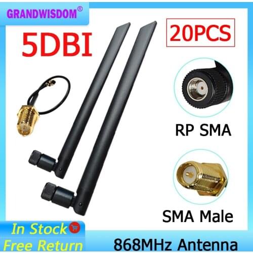 20pcs 868MHz 915MHz Antenna 5dbi RP-SMA Connector GSM 915 MHz 868 MHz antena antenne +21cm SMA Male /u.FL Pigtail Cable