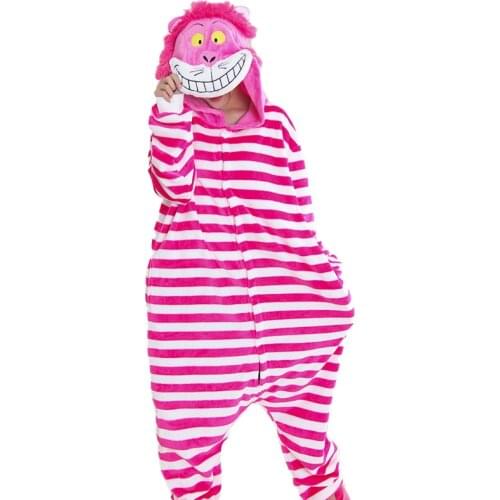 Cheshire Cat Kigurumis Onesie Funny Pink Stripe Onesie Women Girl Adult Sleepwear Cartoon Animal Character Pajama Winter Outfit