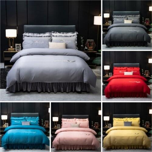 7 Color 4 Pcs Luxury European Style Duvet Cover Set Silk Cotton Bedding Quilt Cover Pillowcase Queen King Bed Skirt