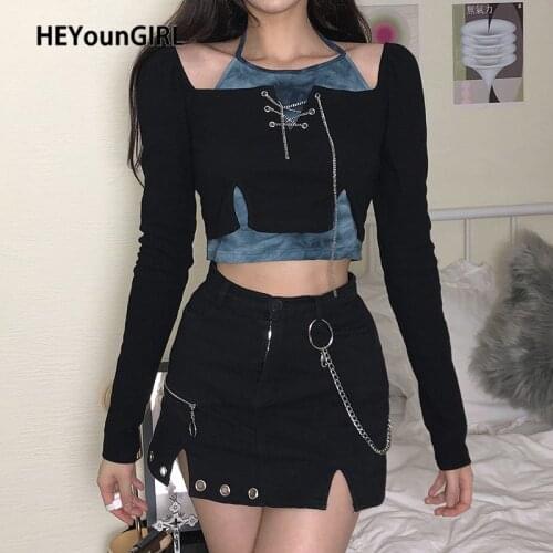 HEYounGIRL Patchwork Fake 2 Pieces Crop Top T Shirt with Chains Autumn Harajuku Long Sleeve Halter Tshirt Ladies Casual Fashion