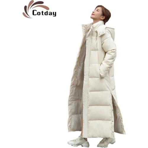 Cotday Beige Winter Thick Jacket Women X-Long New Loose Fashion Snow Parka Side Split Windproof Warm Coat Oversize Cotton