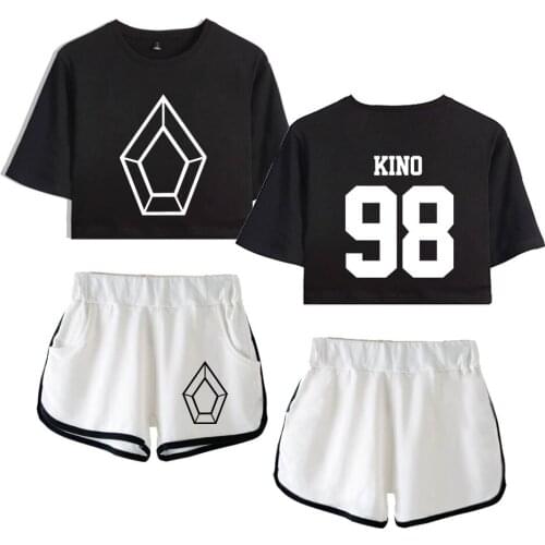 Fashion Summer Pentagon Exposed Navel black T-shirt+white shorts womens two-piece sets Hot High Quality girls two-piece suit