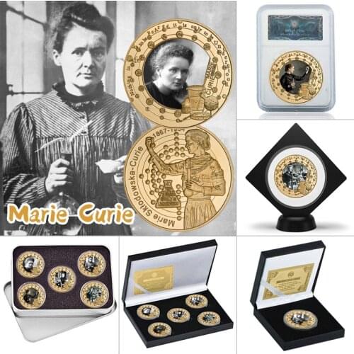 Physicist Chemist Marie Curie Gold Plated Commemorative Coin Set with Coin Holder Collectible Challenge Coins Souvenir Gift