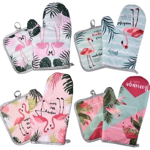 2pcs Flamingo Pattern Microwave Gloves Cotton And Linen Padded High Temperature Resistant Oven Gloves For Kitchen Cooking Tool