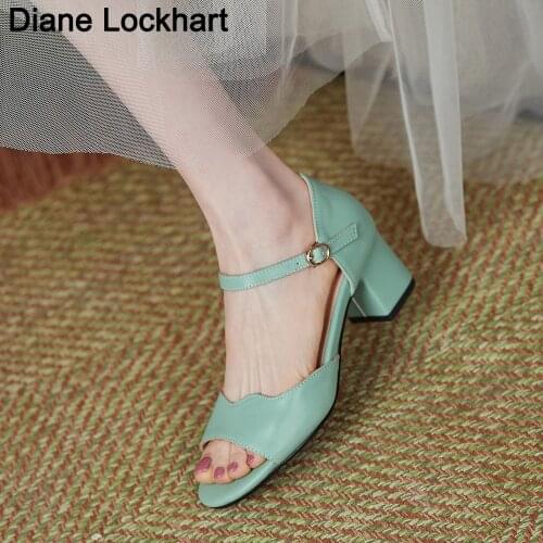 Summer Women Open Toe Square Heel Sandals High Heels Buckle Strap Female Sandal Purple Green Woman Dress Shoes Girls Sandalias